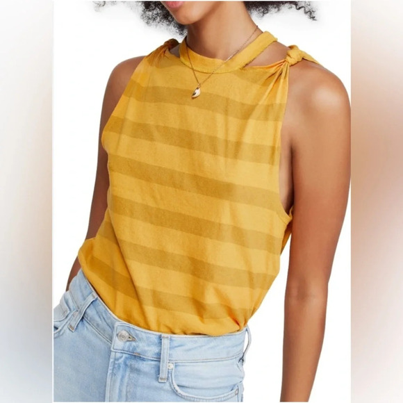 Free People We The Free Striped Tank Top Twist Shoulder Cut Out Yellow Gold Sz M - Picture 3 of 13